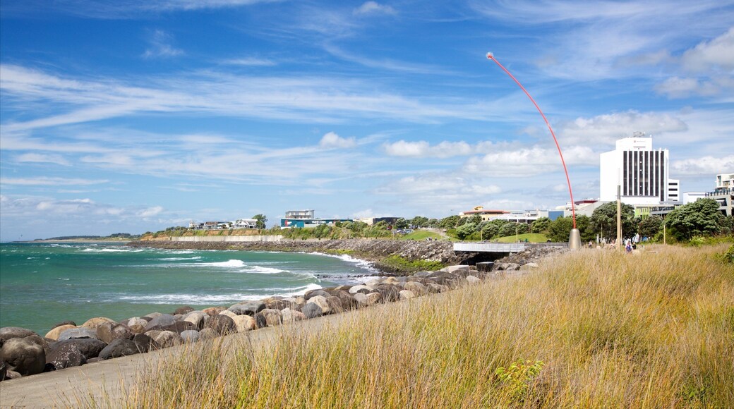 New Plymouth showing rugged coastline and a bay or harbour