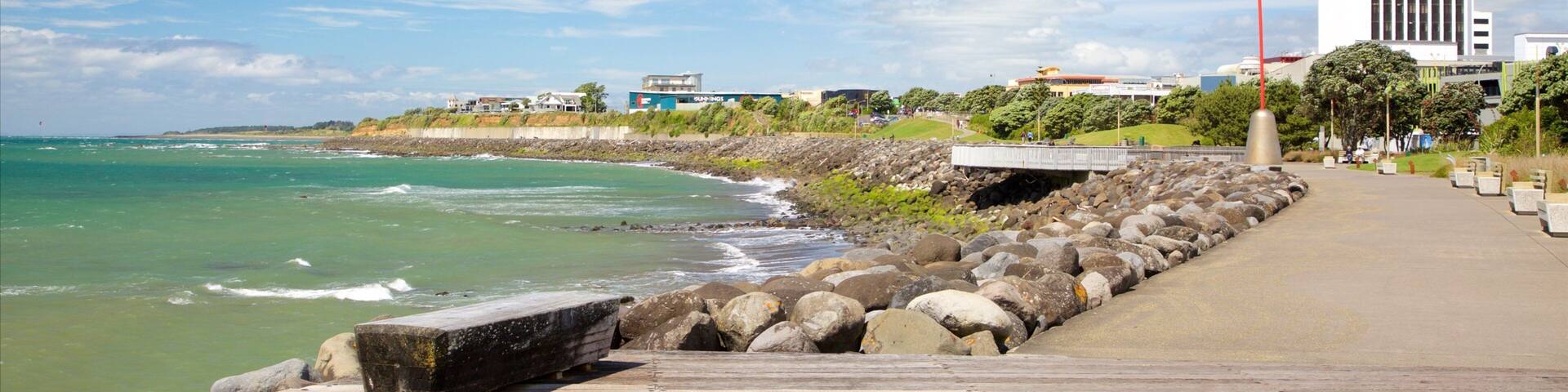 New Plymouth which includes rocky coastline and a bay or harbor