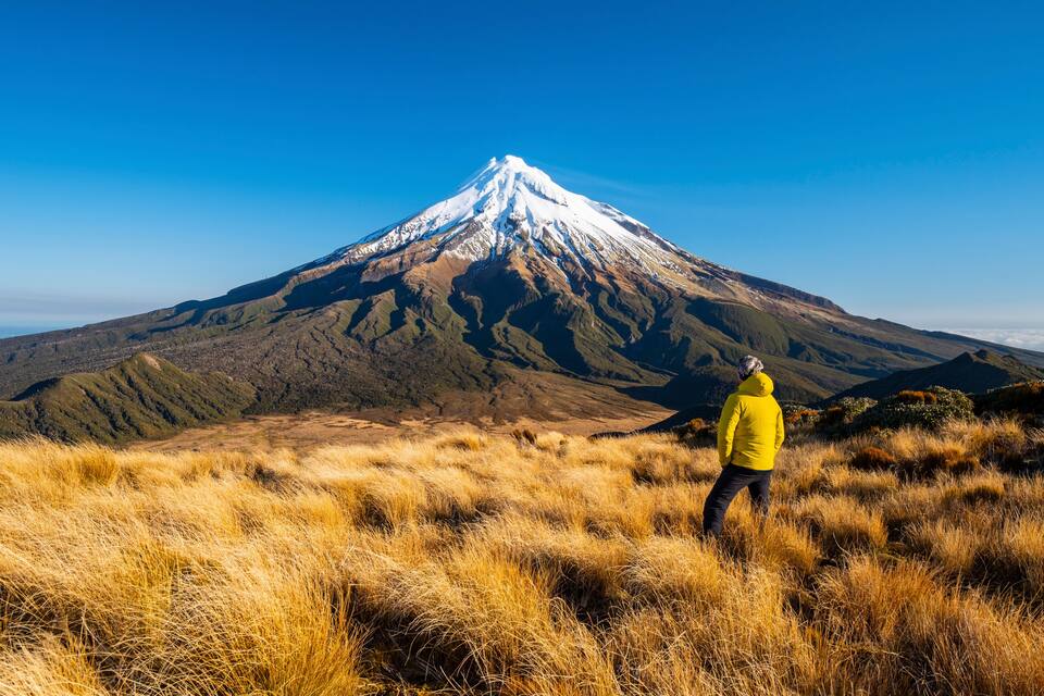 A person in a yellow jacket standing on a grassy field with a snow-capped mountain in the background.