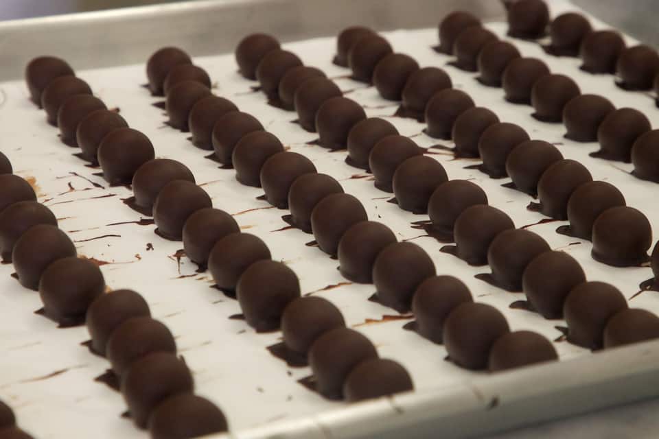 Une barquette de truffes au chocolat disposées en rangées.