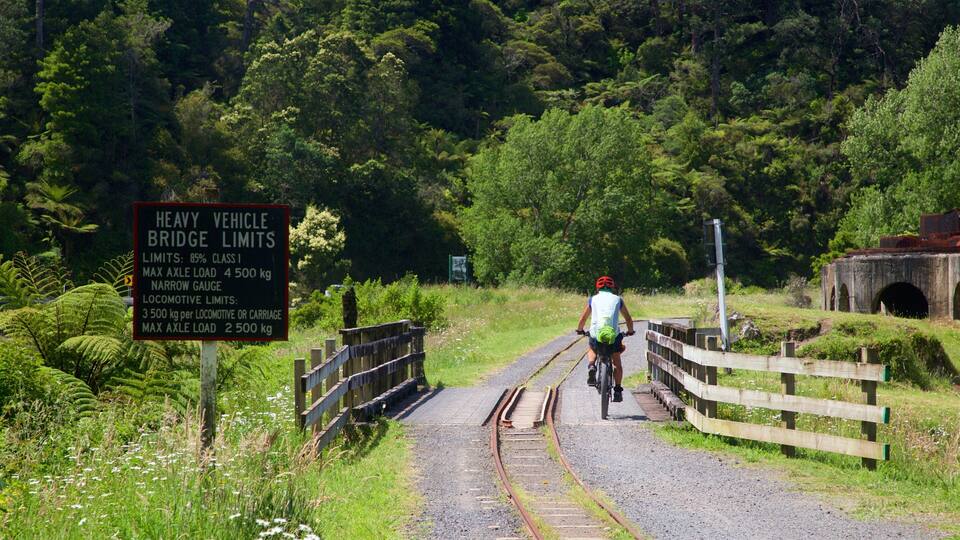 A cyclist on a gravel path beside railway tracks, with a sign indicating heavy vehicle bridge limits.