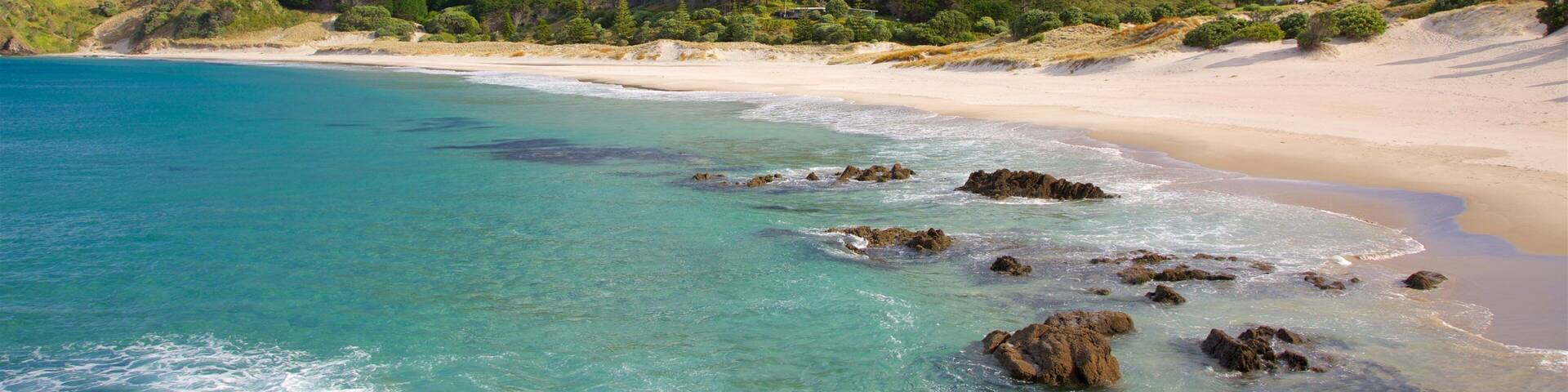 A beach with clear turquoise waters, rocky shoreline, and a mountain in the background.
