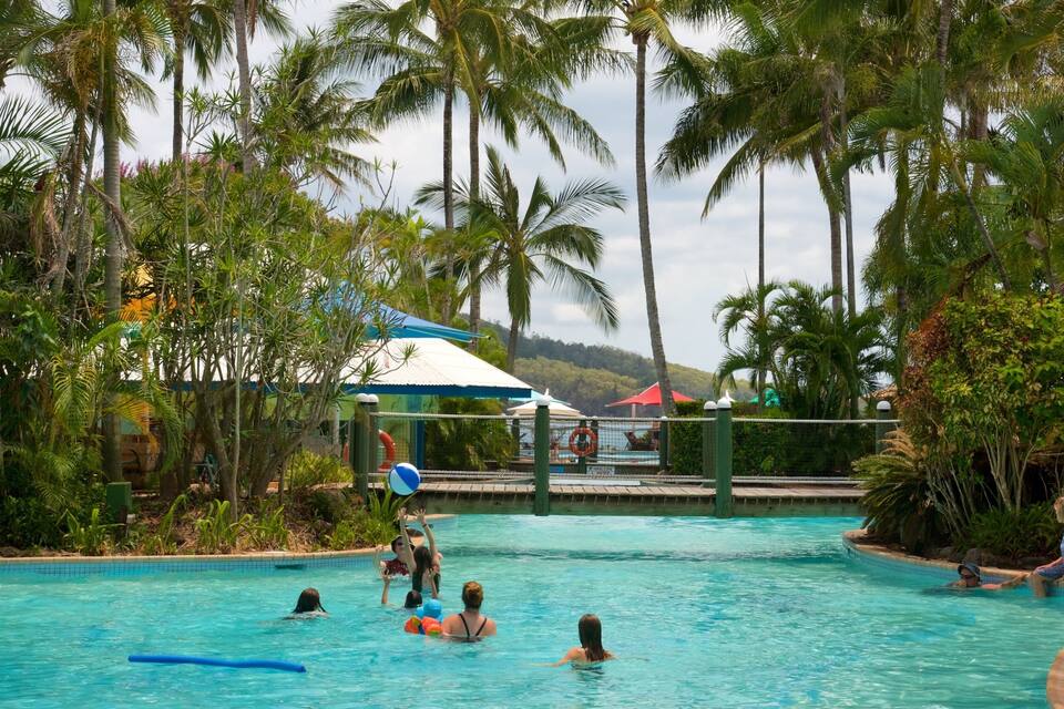 A swimming pool surrounded by palm trees and a beach.