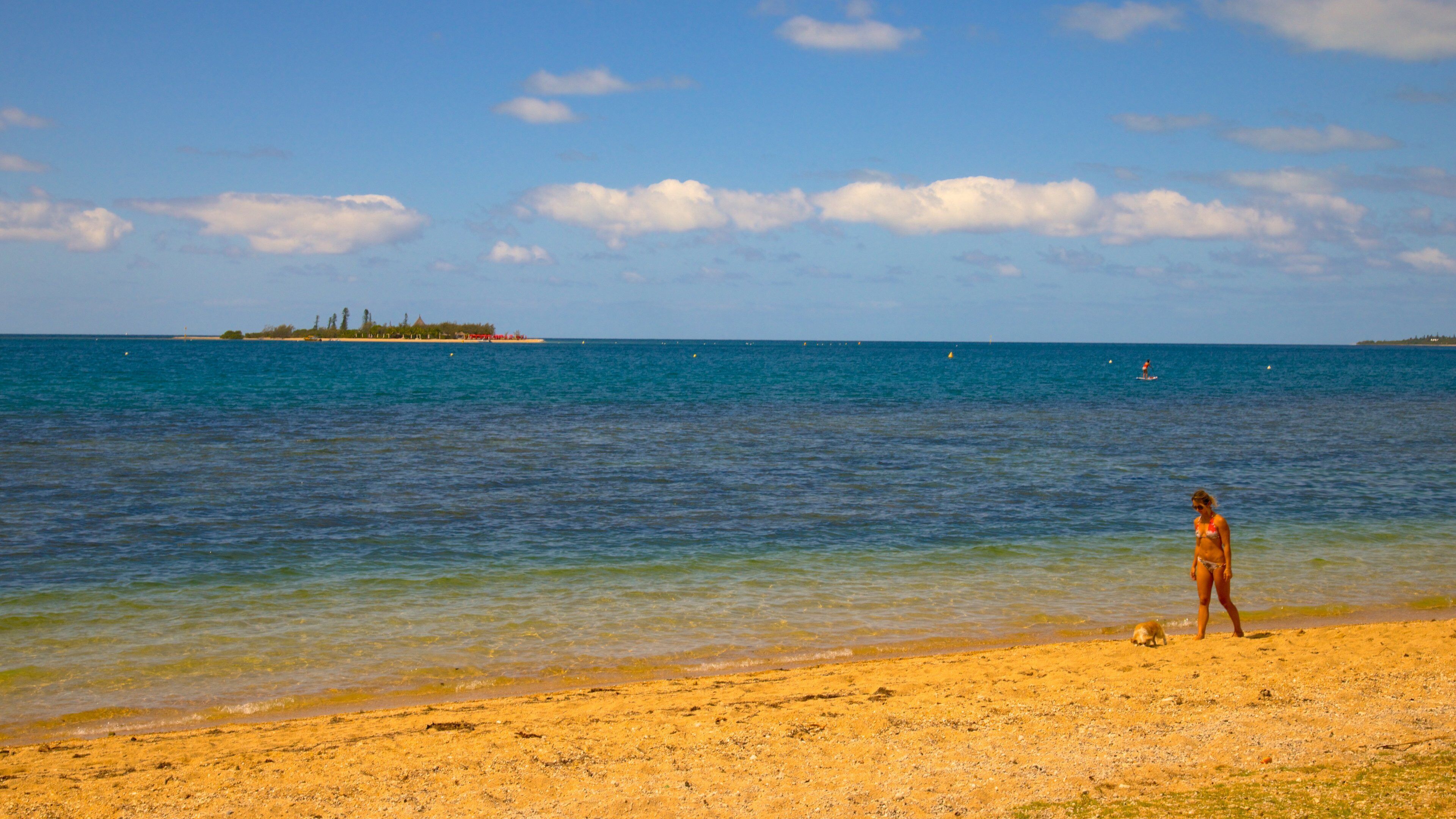 Noumea which includes a sandy beach and general coastal views as well as an individual female