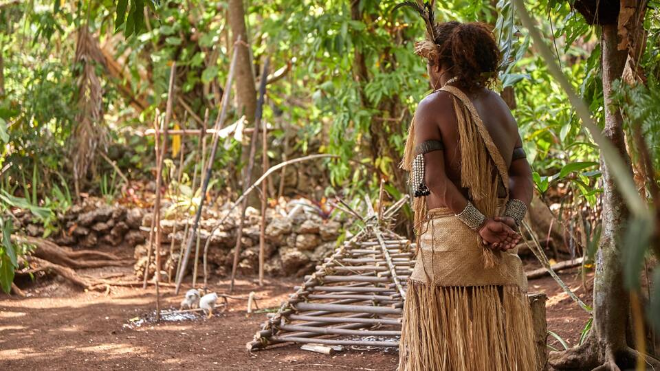 A person in traditional attire standing in a forest with a thatched path.
