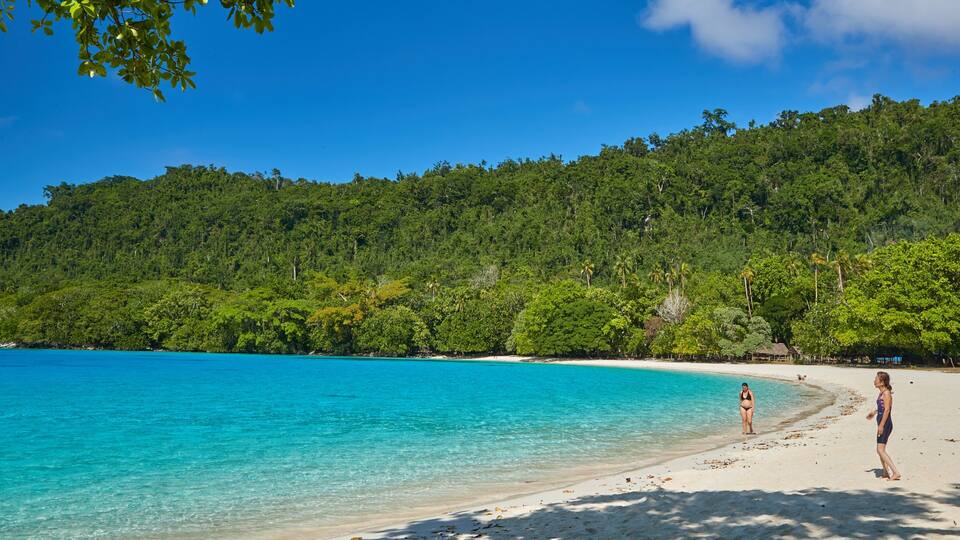 A beach with clear turquoise water, white sand, and a forested hill in the background.