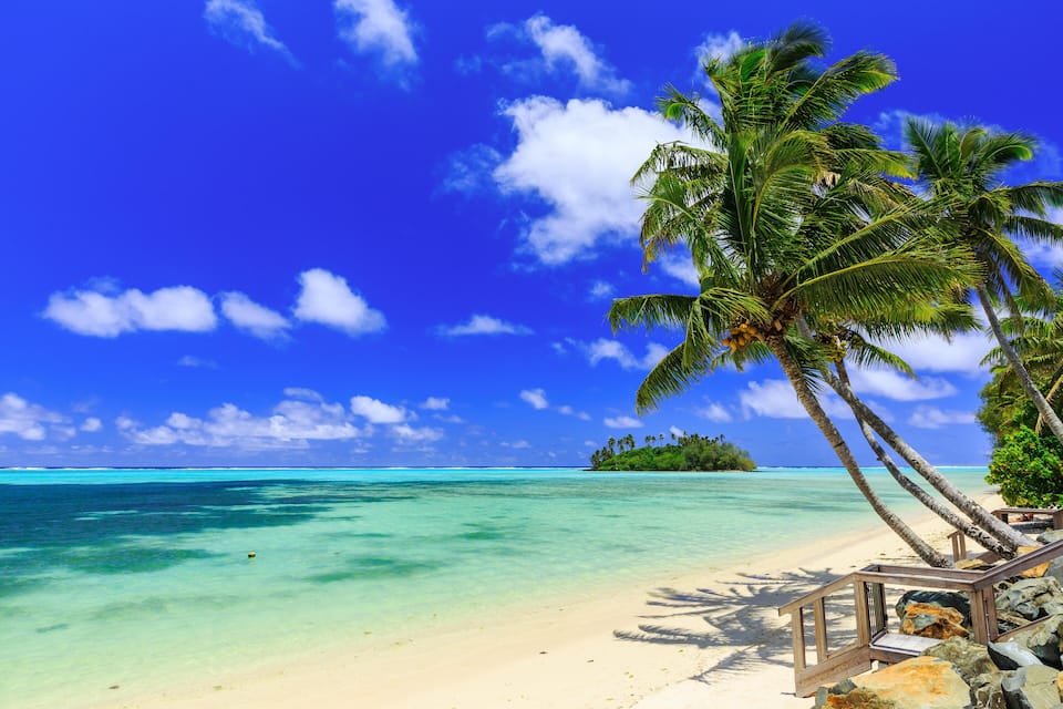 A beach with clear turquoise water, palm trees, and a wooden staircase leading down to the shore.