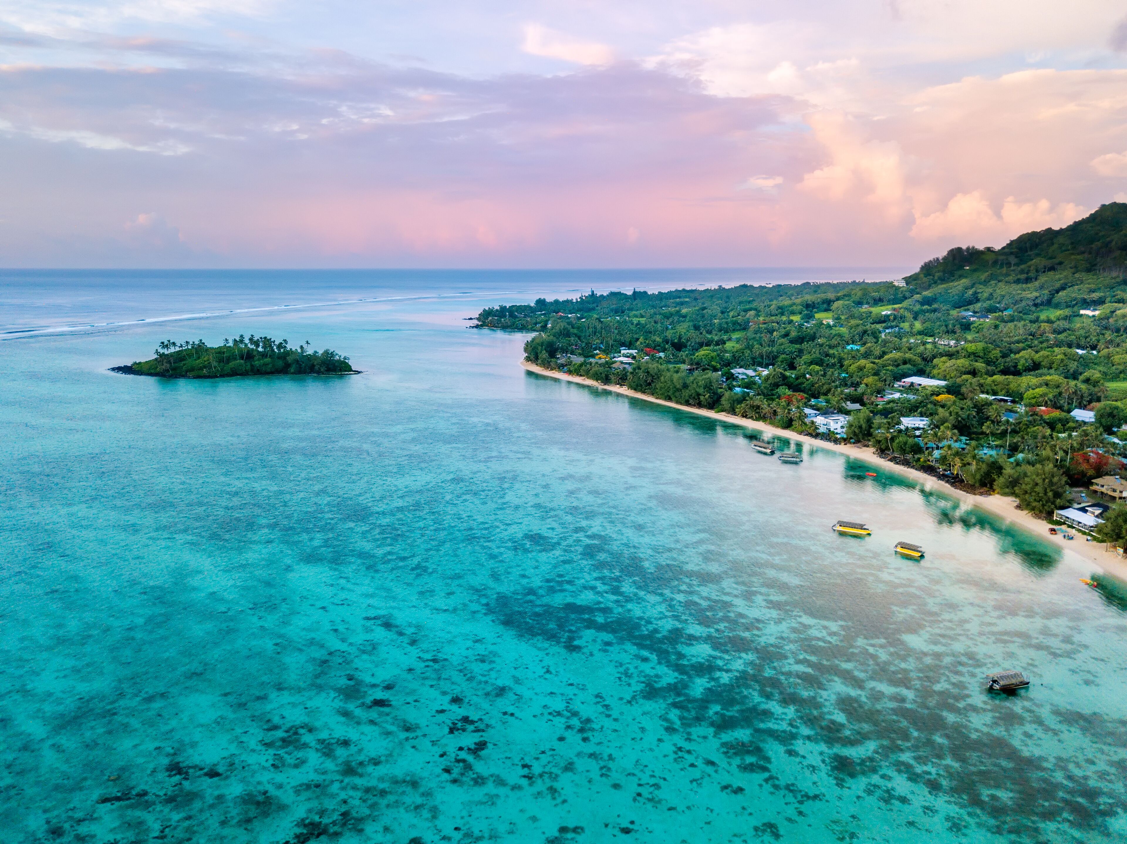 An aerial view of Muri Lagoon at sunrise on Rarotonga in the Cook Islands, Shutterstock ID 1277347963, Purchase Order: -