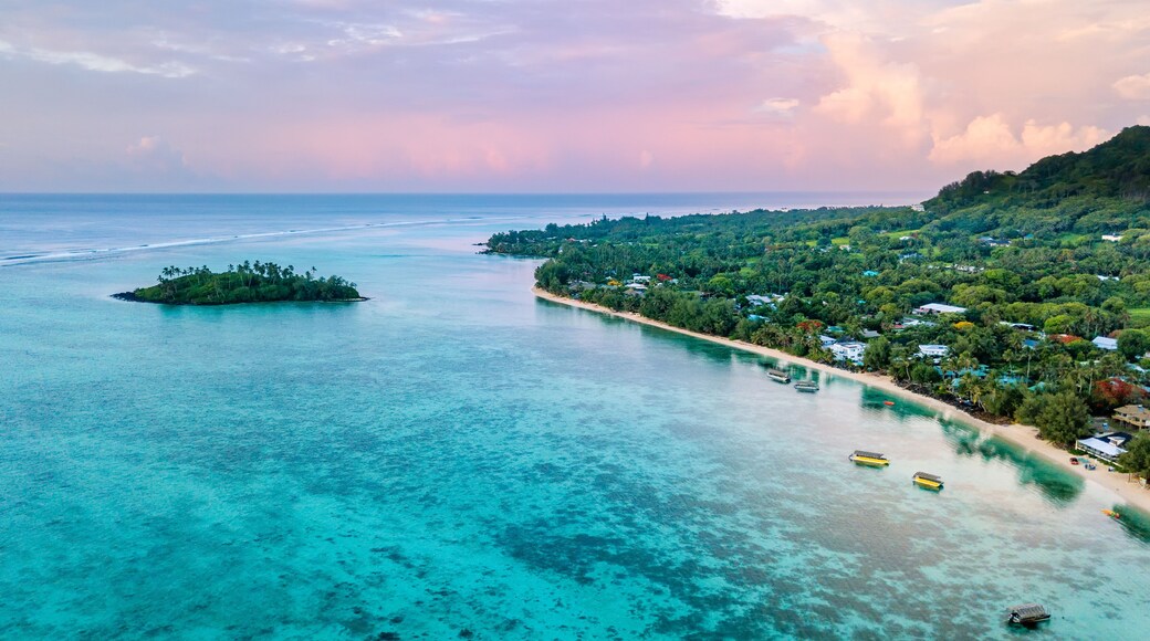 An aerial view of Muri Lagoon at sunrise on Rarotonga in the Cook Islands, Shutterstock ID 1277347963, Purchase Order: -