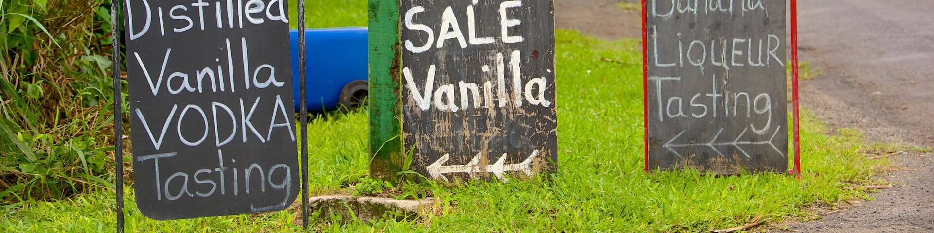 Three signs advertising local products and a sale.