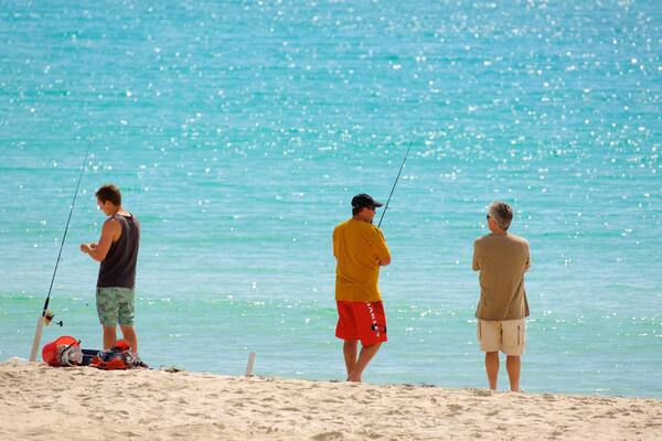 Naturaliste das einen Sandstrand und Angeln sowie kleine Menschengruppe