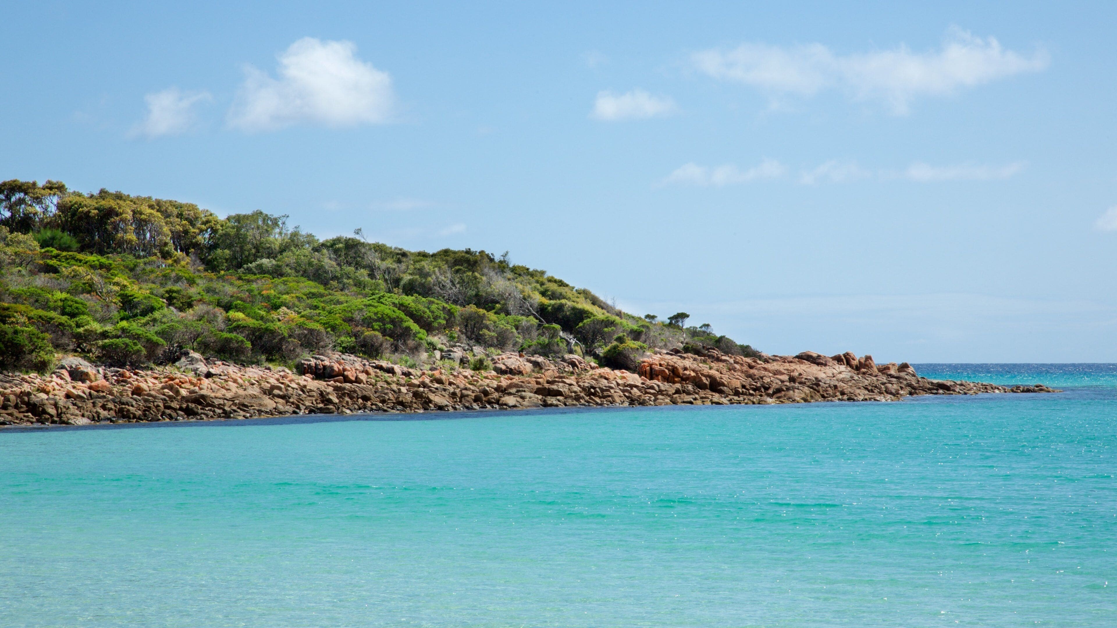 A coastal landscape with clear turquoise waters, rocky shoreline, and dense green vegetation on a hillside.