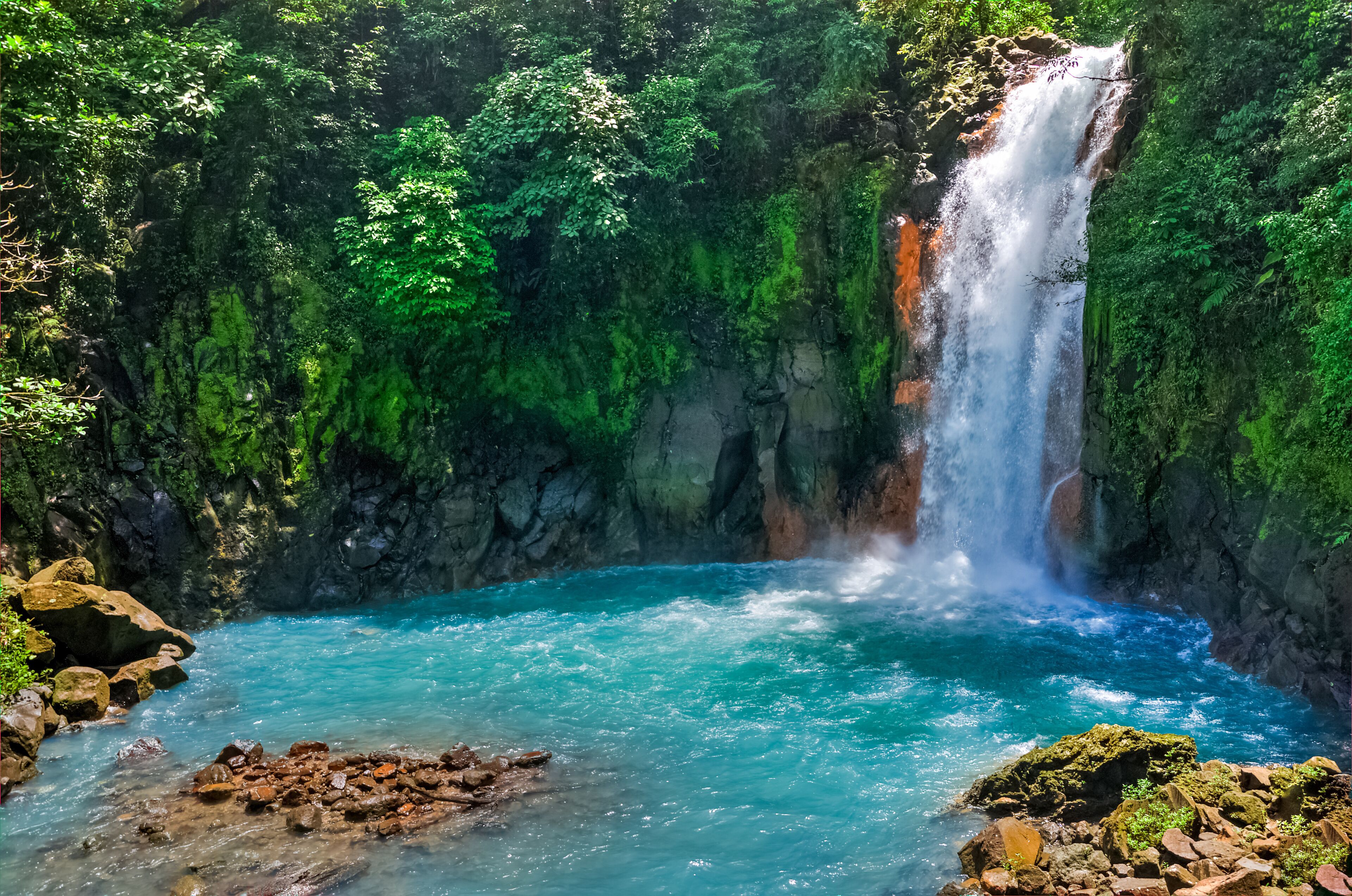 Panoramic view of Rio Celeste river and waterfall, Tenorio volcano national park, Costa rica