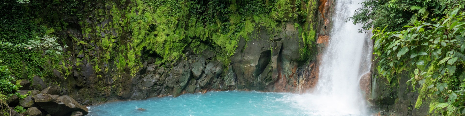 Una cascada vertiéndose en una piscina turquesa rodeada de abundante vegetación.