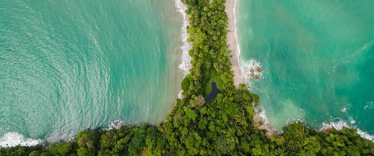 Beautiful aerial view of Manuel Antonio National Park and its magnificent beach in Quepos Costa Rica