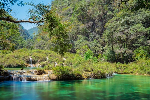 Long exposure photograph of the Semuc Champey Cascades along the Cahabon river, Peten Rainforest, Guatemala.