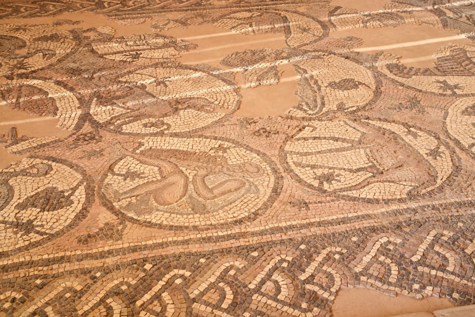 A detailed mosaic floor with intricate patterns and designs.