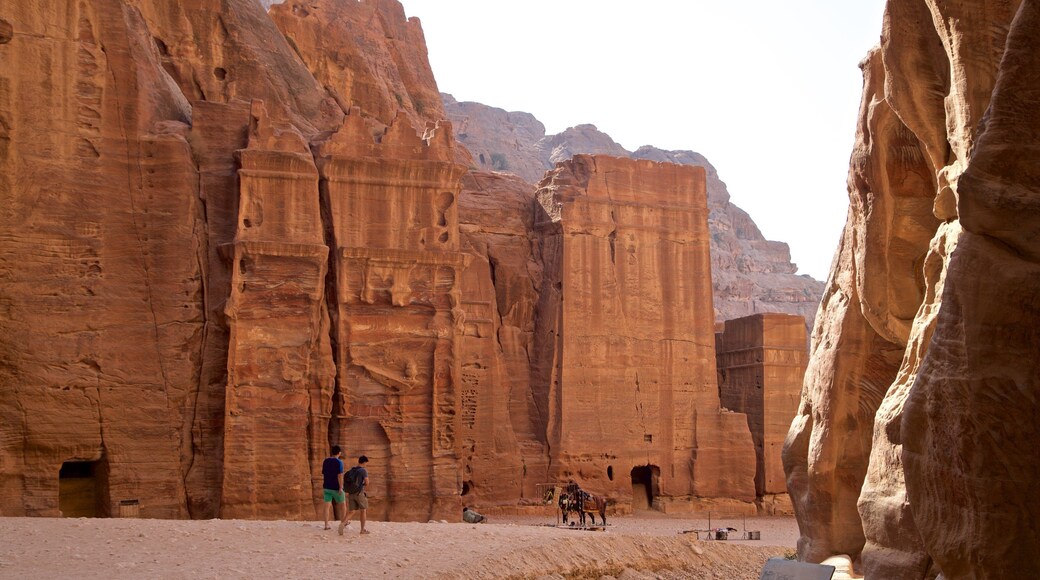 Street of Facades featuring a gorge or canyon and heritage elements as well as a small group of people