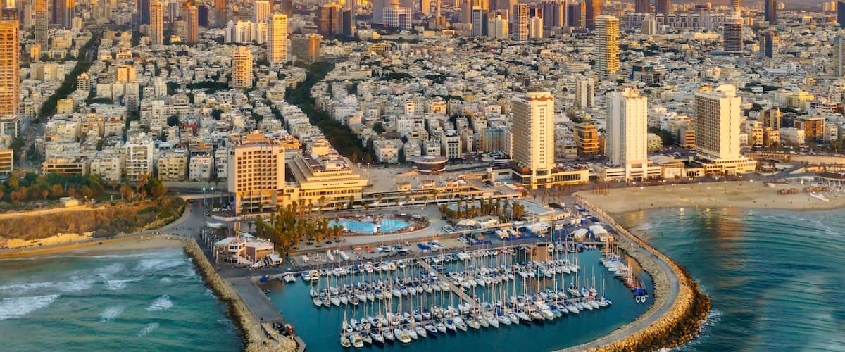 Aerial view of Mediterranean Seashore of Tel Aviv, Israel.