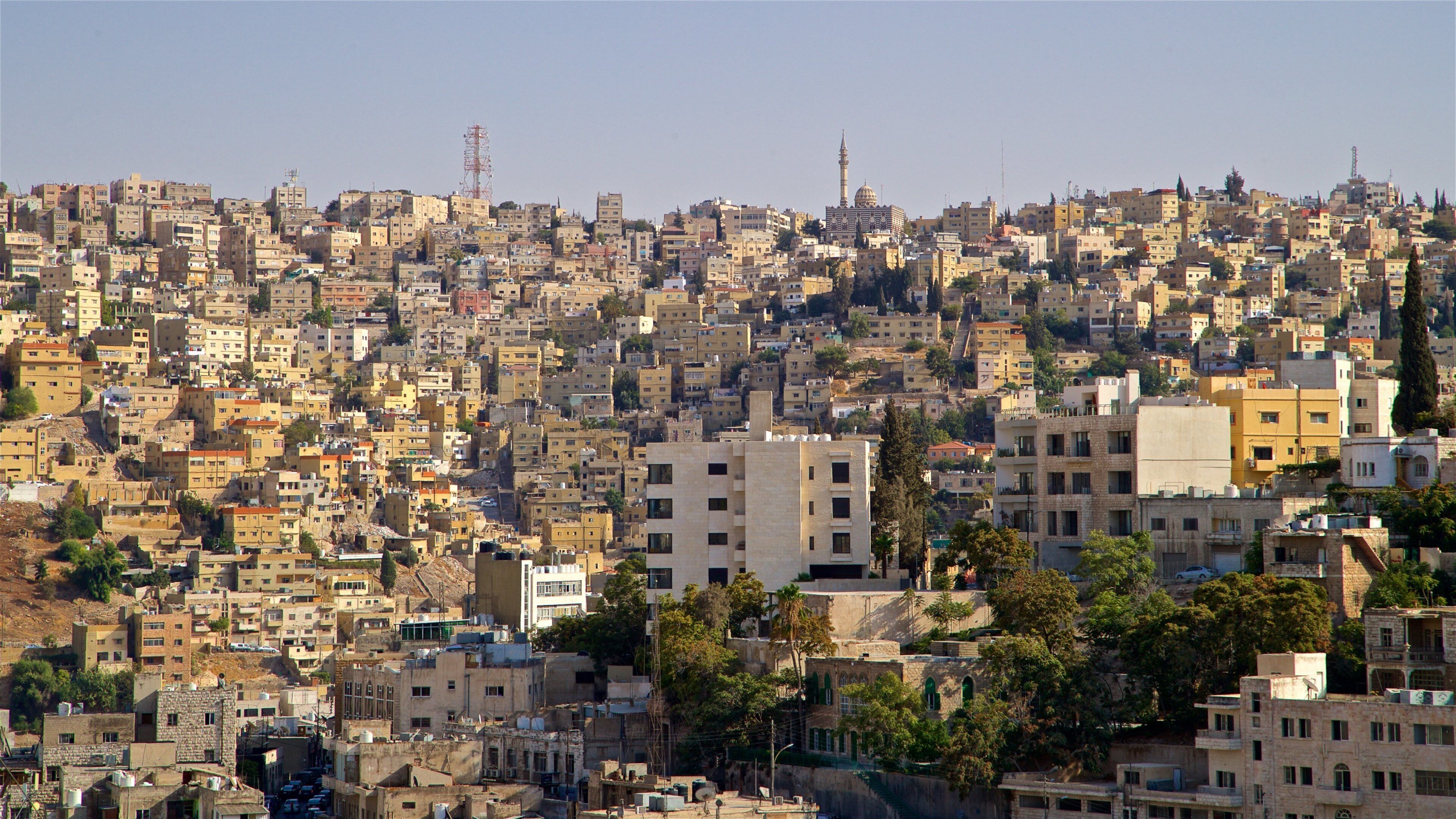 A densely packed urban landscape with numerous buildings, some with flat roofs and others with sloped roofs.