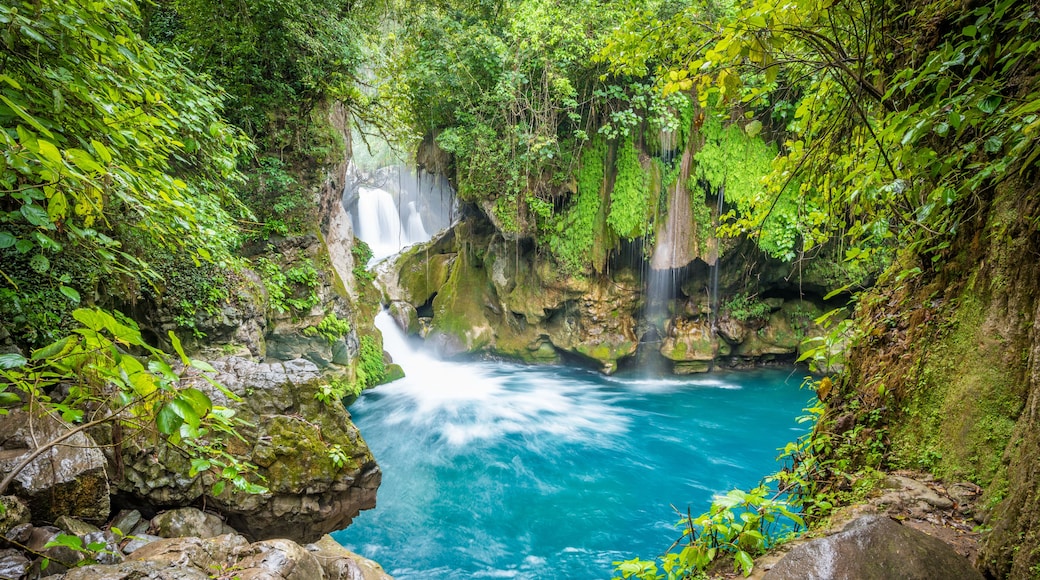 Amazing crystalline blue water of Puente de Dios waterfall at Huasteca Potosina in San Luis Potosi, Mexico