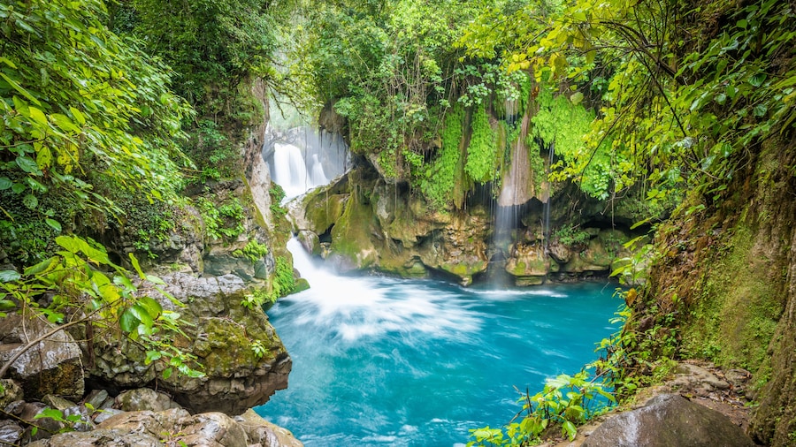 Amazing crystalline blue water of Puente de Dios waterfall at Huasteca Potosina in San Luis Potosi, Mexico