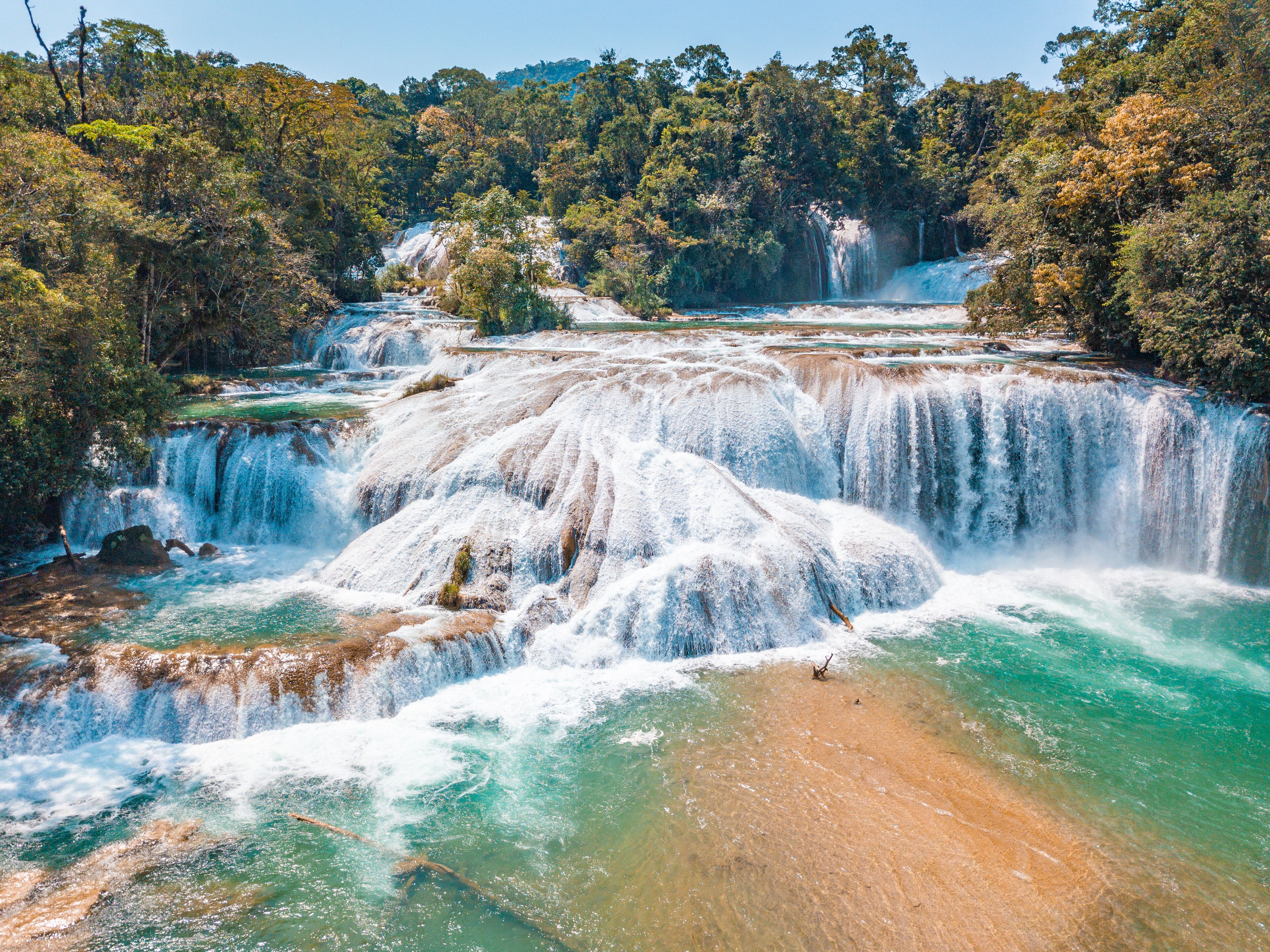 Aerial view of the majestic turquoise waterfalls at Agua Azul in Chiapas, Mexico