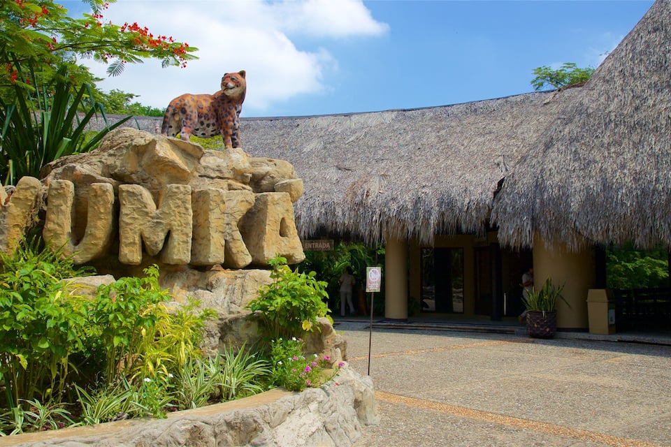 Una estatua de leopardo sobre una roca con la palabra "YUMKA" tallada, rodeada de follaje y un edificio con techo de paja.