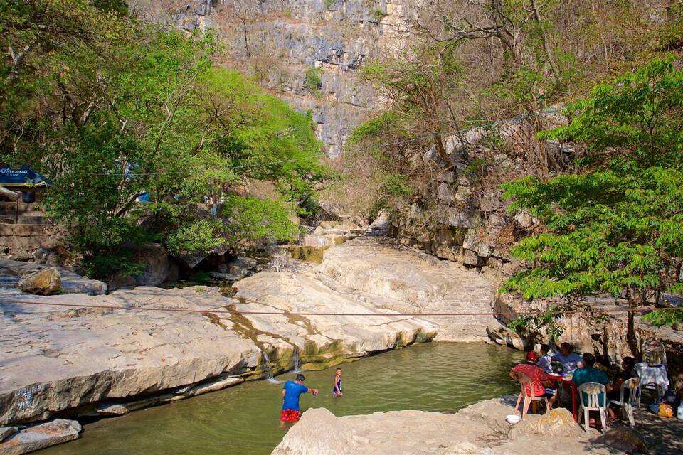 A rocky riverbed with water, surrounded by trees and a cliff.