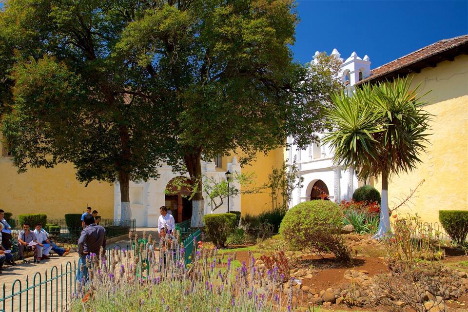 A courtyard with people sitting on benches, surrounded by trees and a white building with a bell tower.