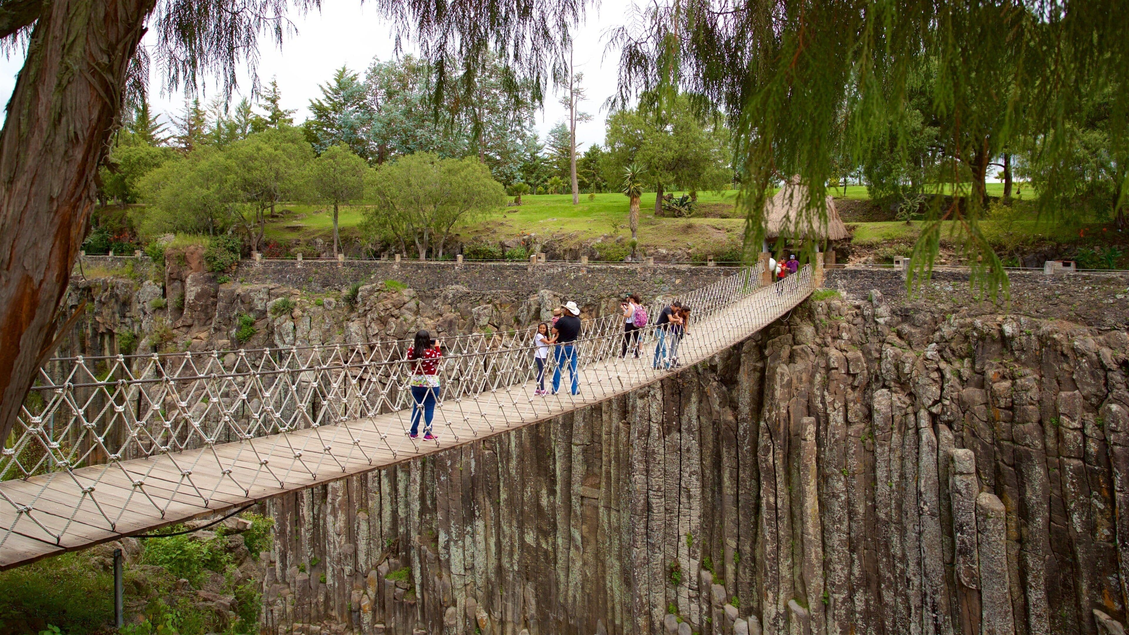 Un puente colgante sobre un desfiladero rocoso, con gente caminando.