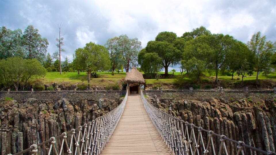 A wooden suspension bridge with a thatched-roof structure at the end, surrounded by lush greenery and trees.
