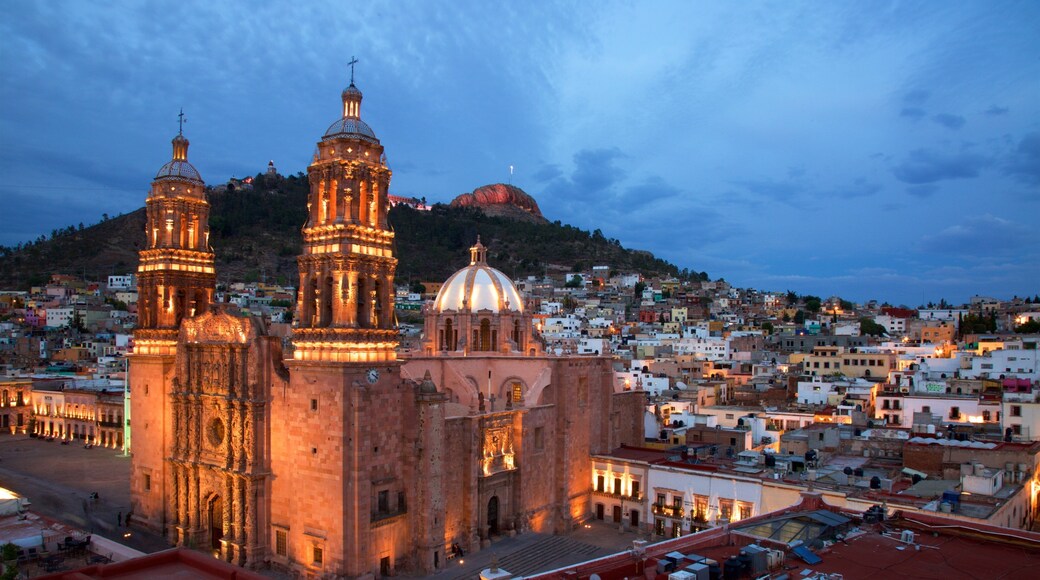 Zacatecas Cathedral featuring night scenes, a city and a church or cathedral