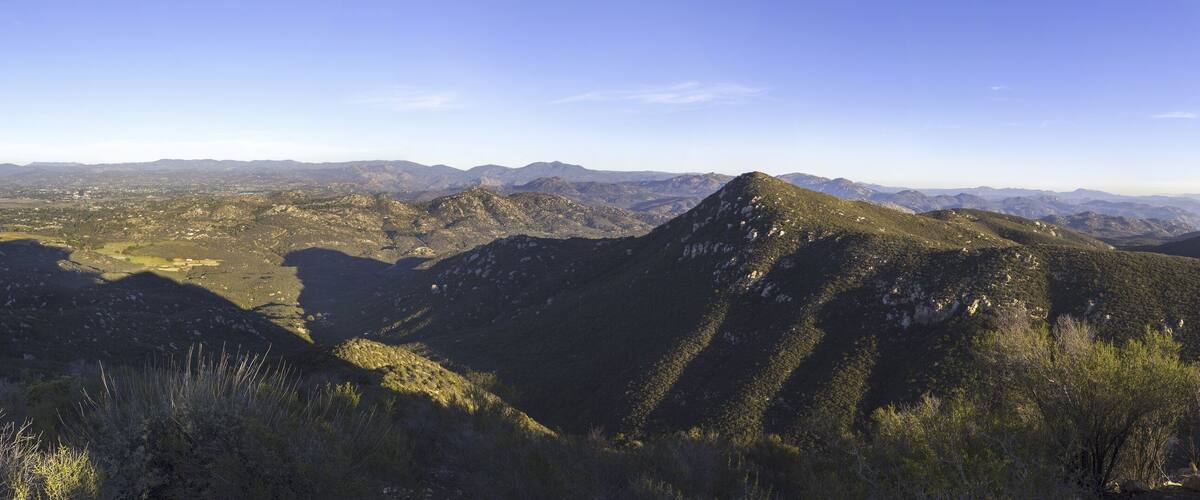 Panoramic Landscape of San Diego County East and Distant Cuyamaca State Park Mountain Range on Horizon from Ramona Lookout, Iron Mountain Hiking Trail, Poway California USA
