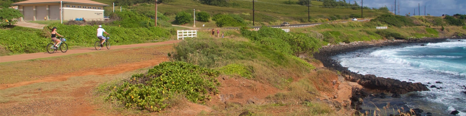 Ke Ala Hele Makalae East Shore Beach Path que incluye ciclismo, vistas generales de la costa y costa escarpada