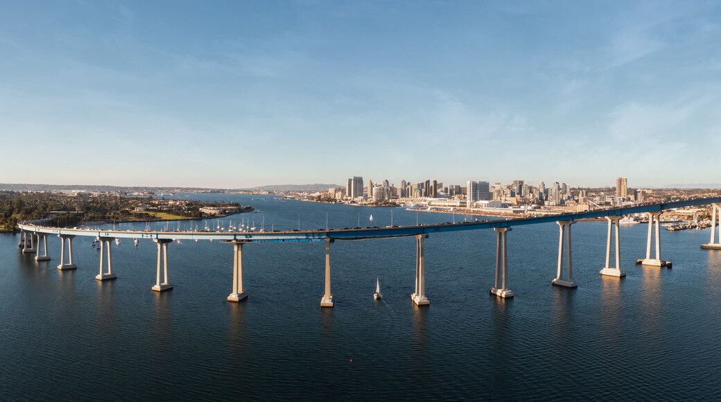 Coronado bridge with San Diego skyline in distance.
