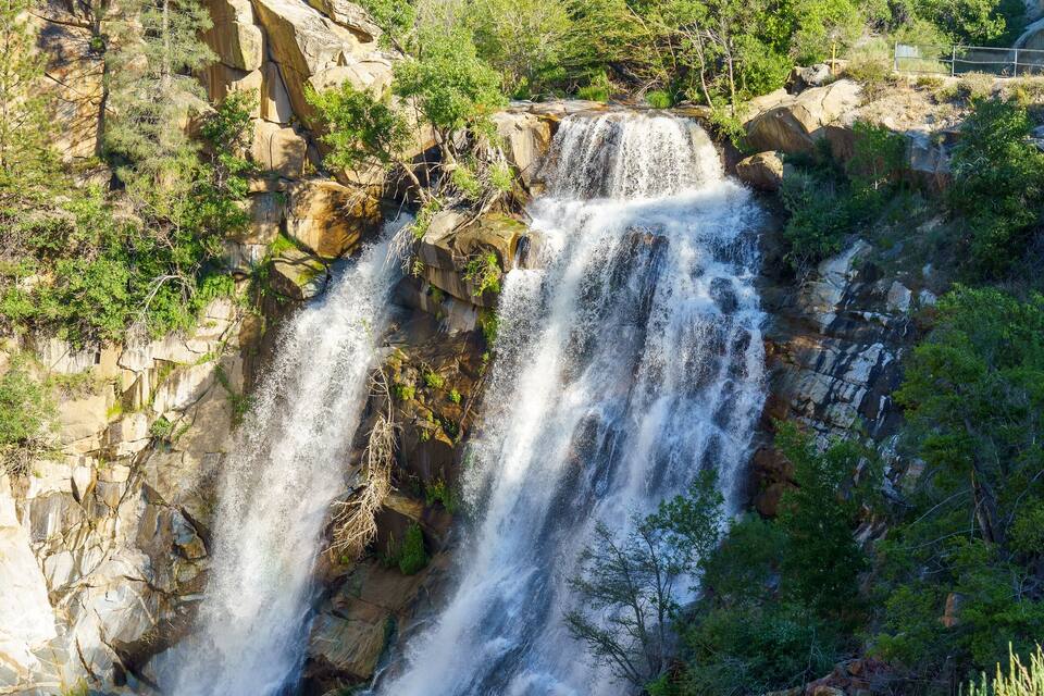 Una cascada que flueix per un costat rocosós, envoltada de vegetació.