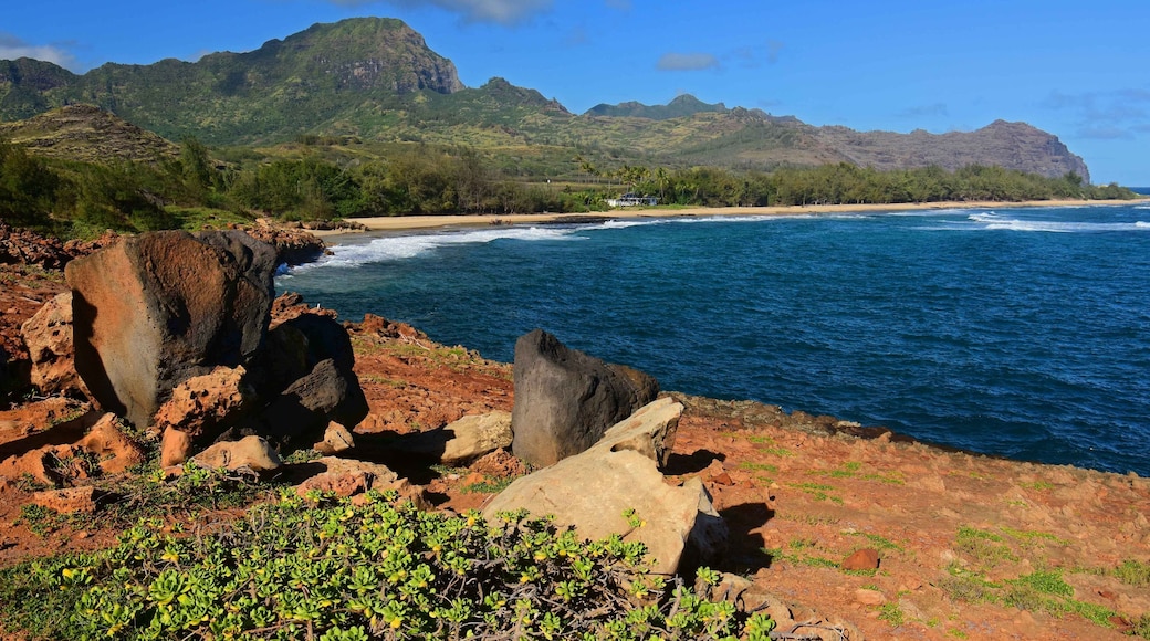 Spectacularly-eroded coastline. lava boulders, and surf at mahaulepu beach along the heritage trail in poipu, kauai, Hawaii
