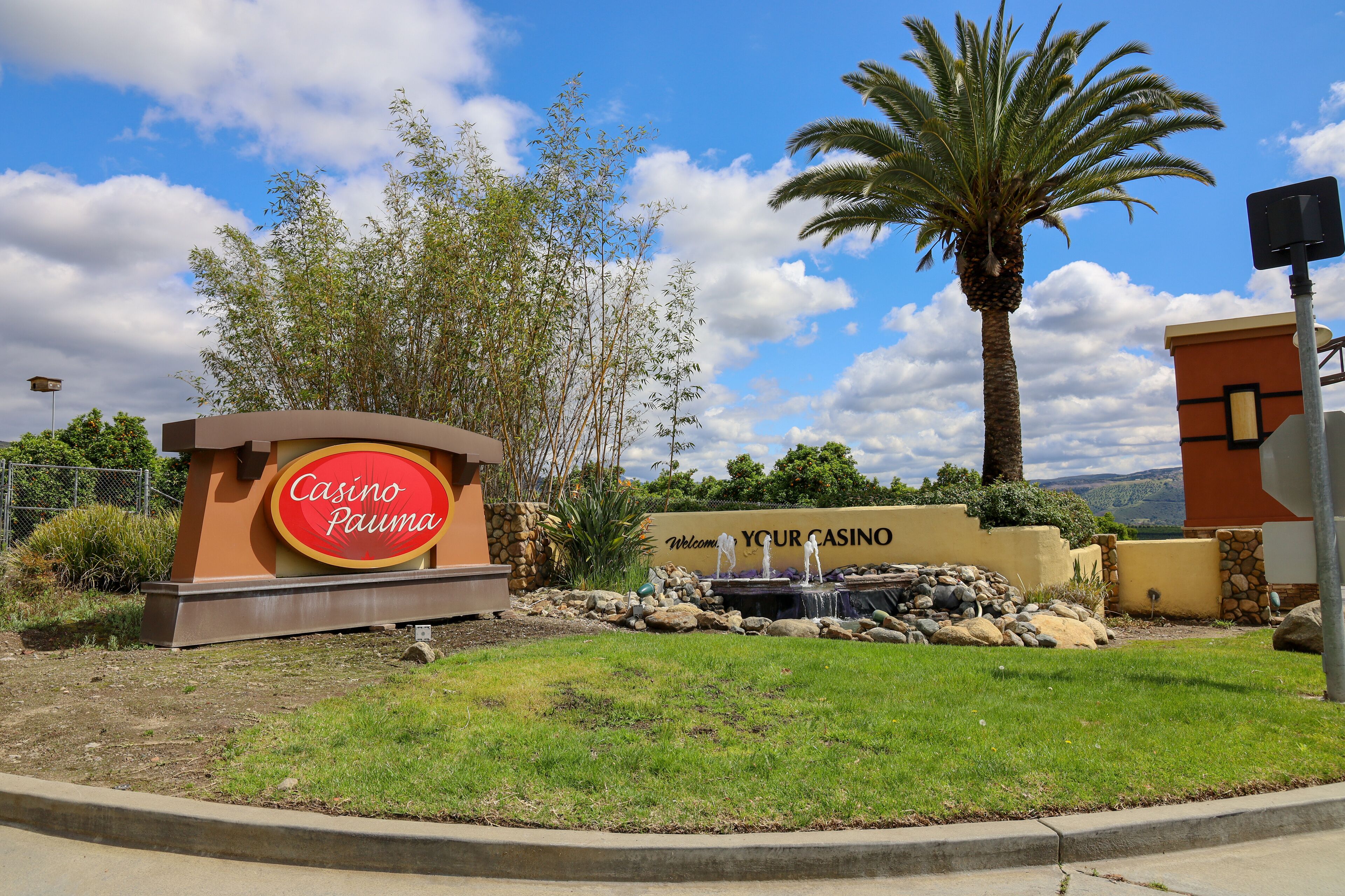 Picture of the welcome sign by entrance at the Casino Pauma in Pauma Valley, California.