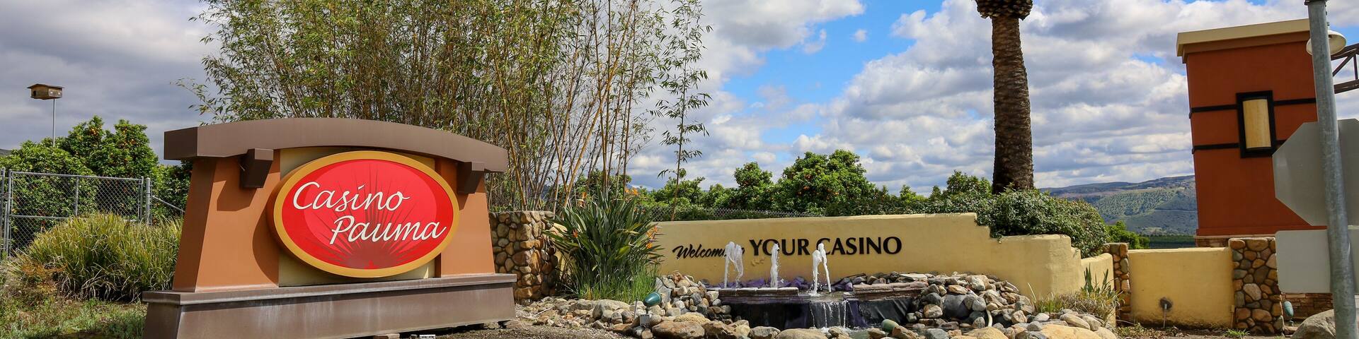 Picture of the welcome sign by entrance at the Casino Pauma in Pauma Valley, California.