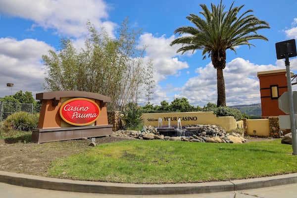 Picture of the welcome sign by entrance at the Casino Pauma in Pauma Valley, California.