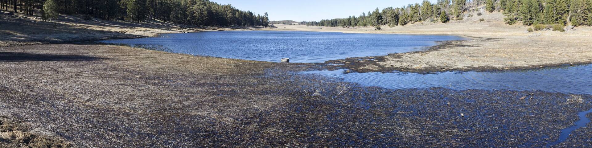 Big Laguna Lake Shore Grassland and Alpine Meadows Panoramic Landscape. Scenic Hiking in Cleveland National Forest, Southern California on a cold and sunny winter day