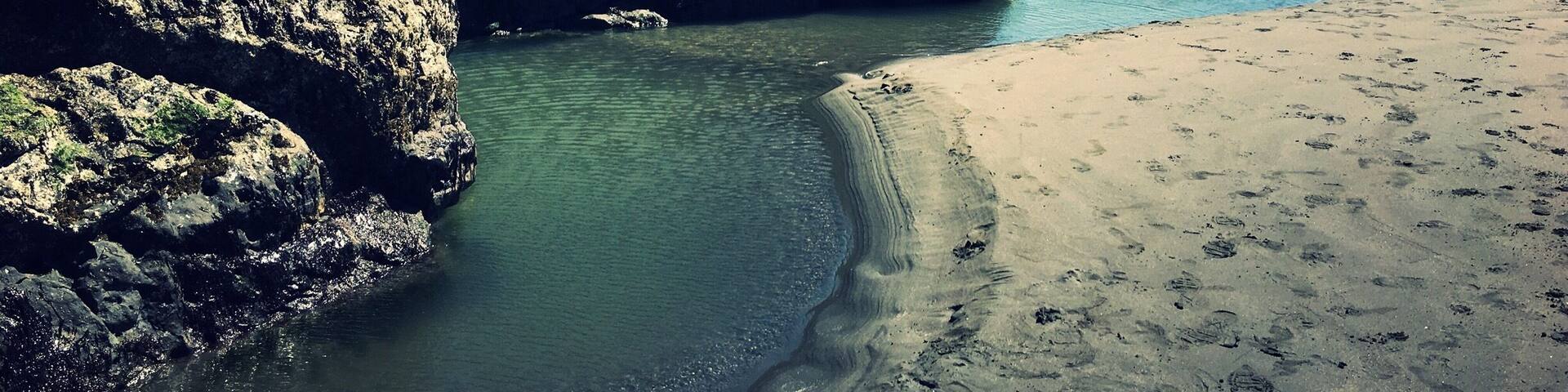 Moonstone Beach is off of the Westhaven exit of Northbound CA Highway 101. This picture was taken from the north end of the beach at low tide. I spotted a starfish and some anemones in these pools.