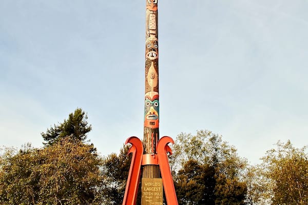 McKinleyville, California - 2017: Mc Kinleyville Totem Pole is the World's Tallest totem pole. Carved by Ernest Pierson and John Nelson from a single 500-year-old redwood tree in 1961.