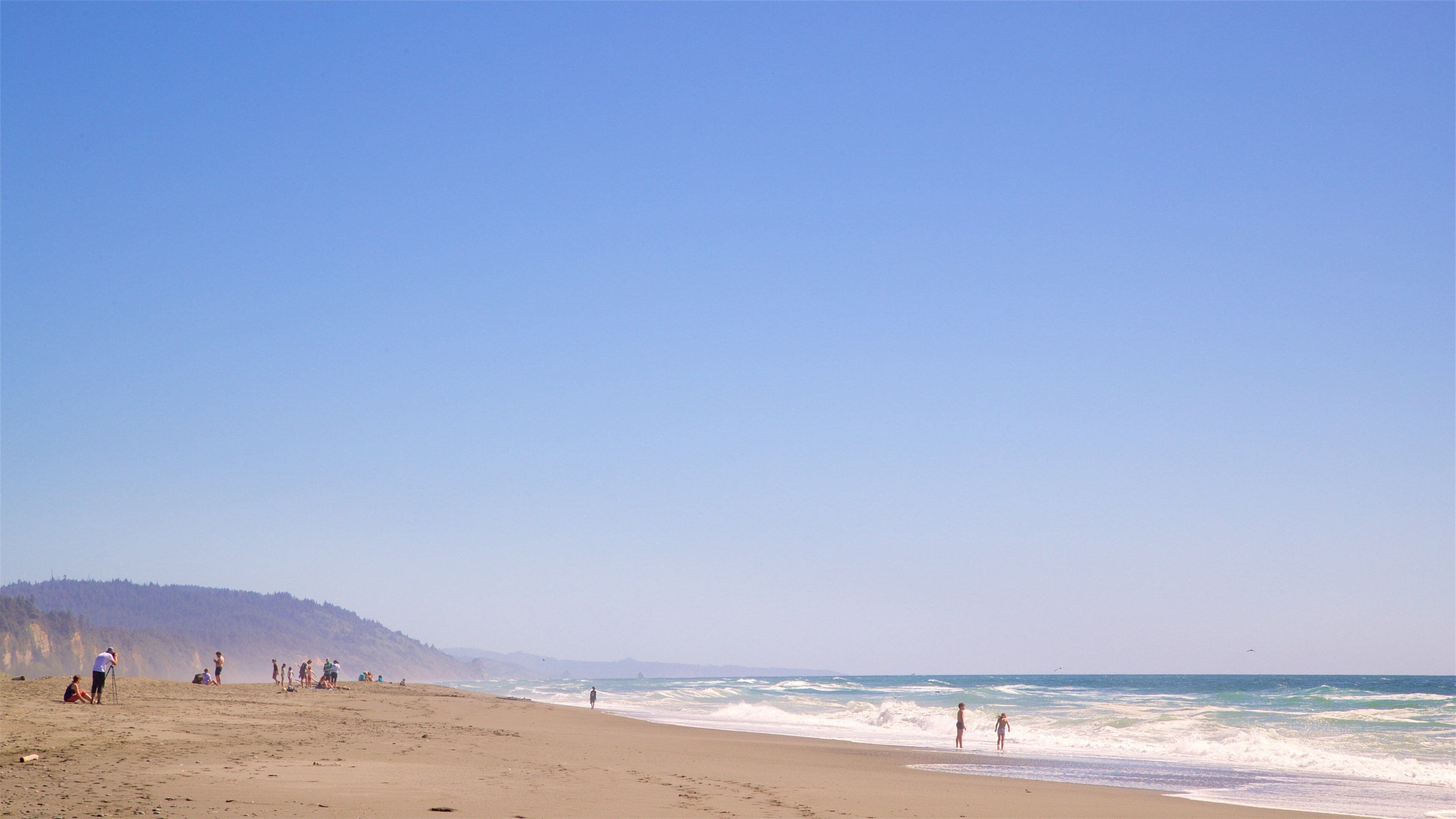 Redwood National and State Parks featuring swimming and a sandy beach as well as a small group of people