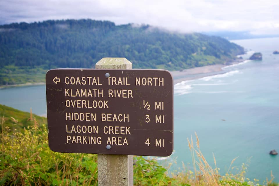 A sign with directions to coastal trails and landmarks.