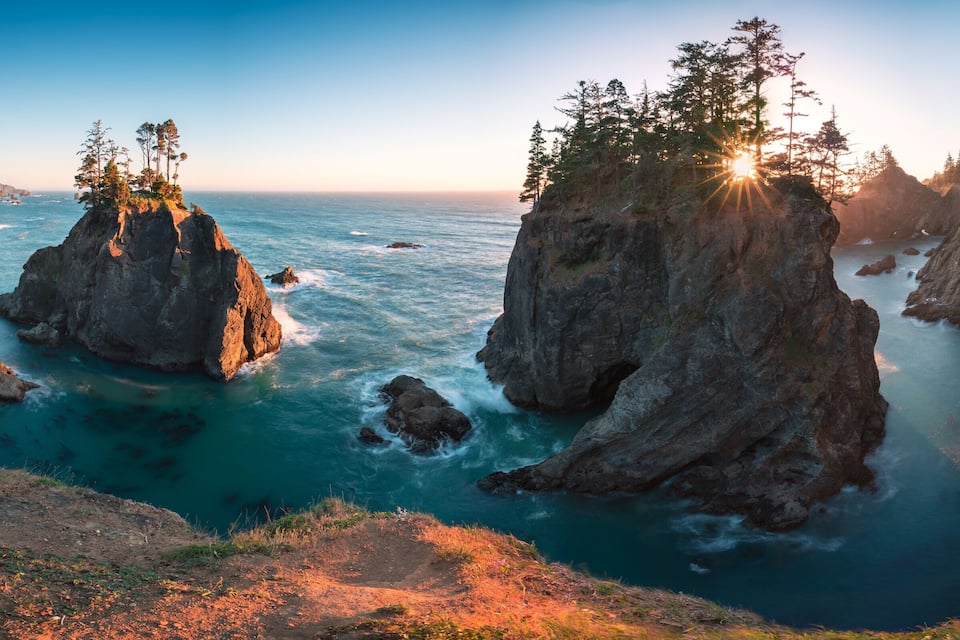 A coastal landscape with rocky formations and trees.