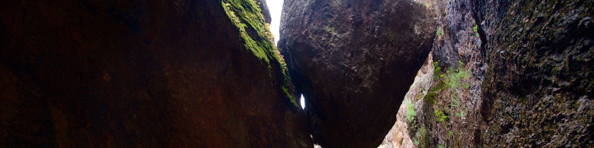A narrow canyon with large rock formations and a staircase leading down.
