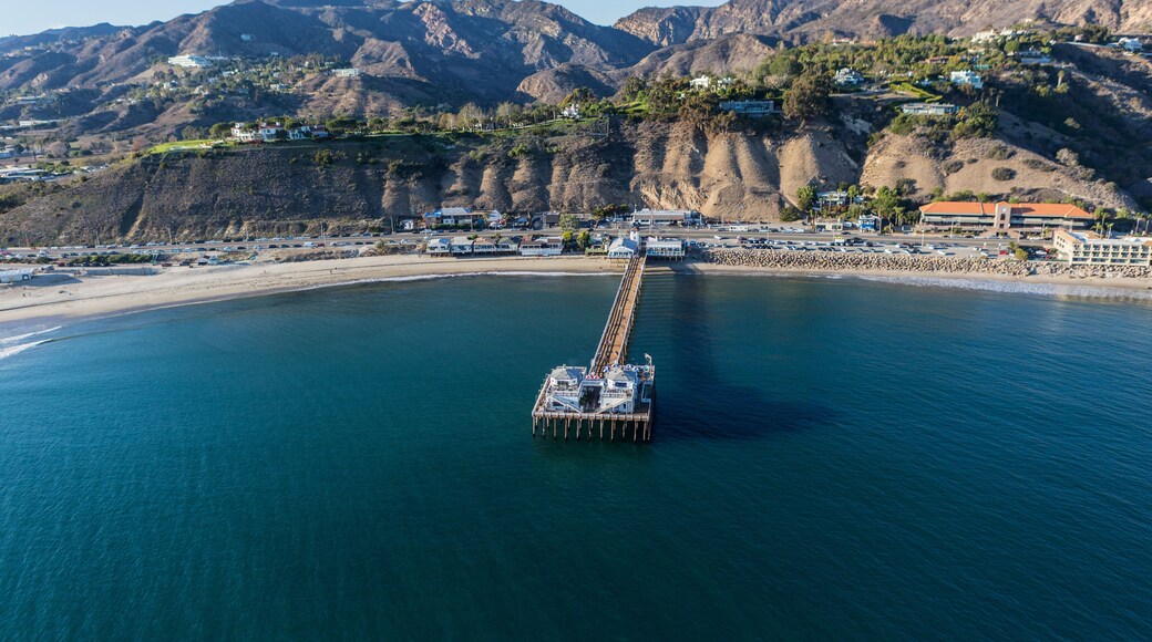 Aerial of Malibu Pier State Park and the Santa Monica Mountains