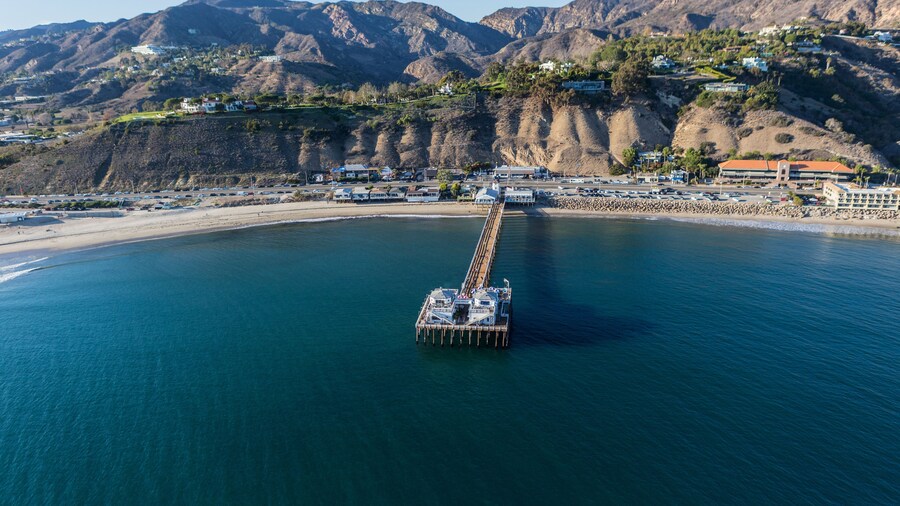 Aerial of Malibu Pier State Park and the Santa Monica Mountains